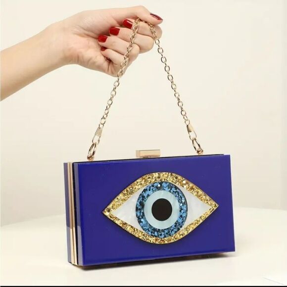 Blue Evil Eye Hard Shell Clutch Bag Chain - Picture 2 of 8